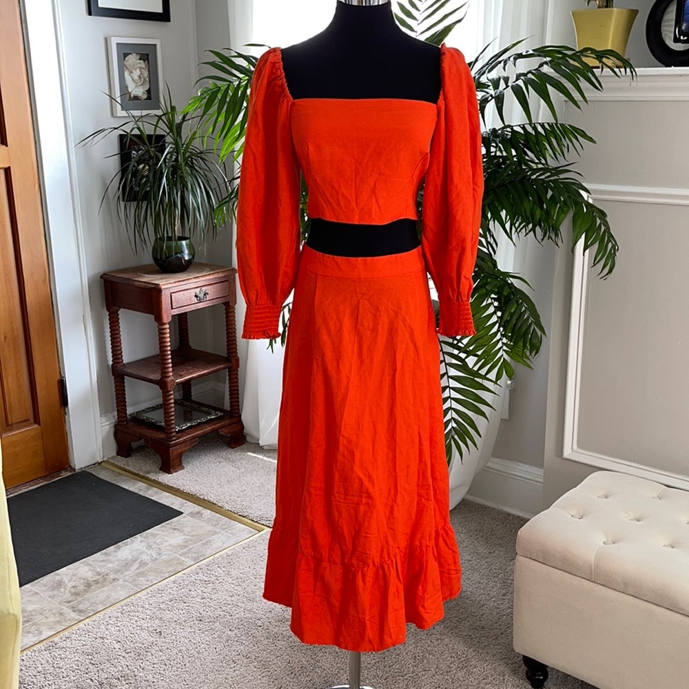 Women's Red Two-Piece Midi Dress with Puff Sleeves